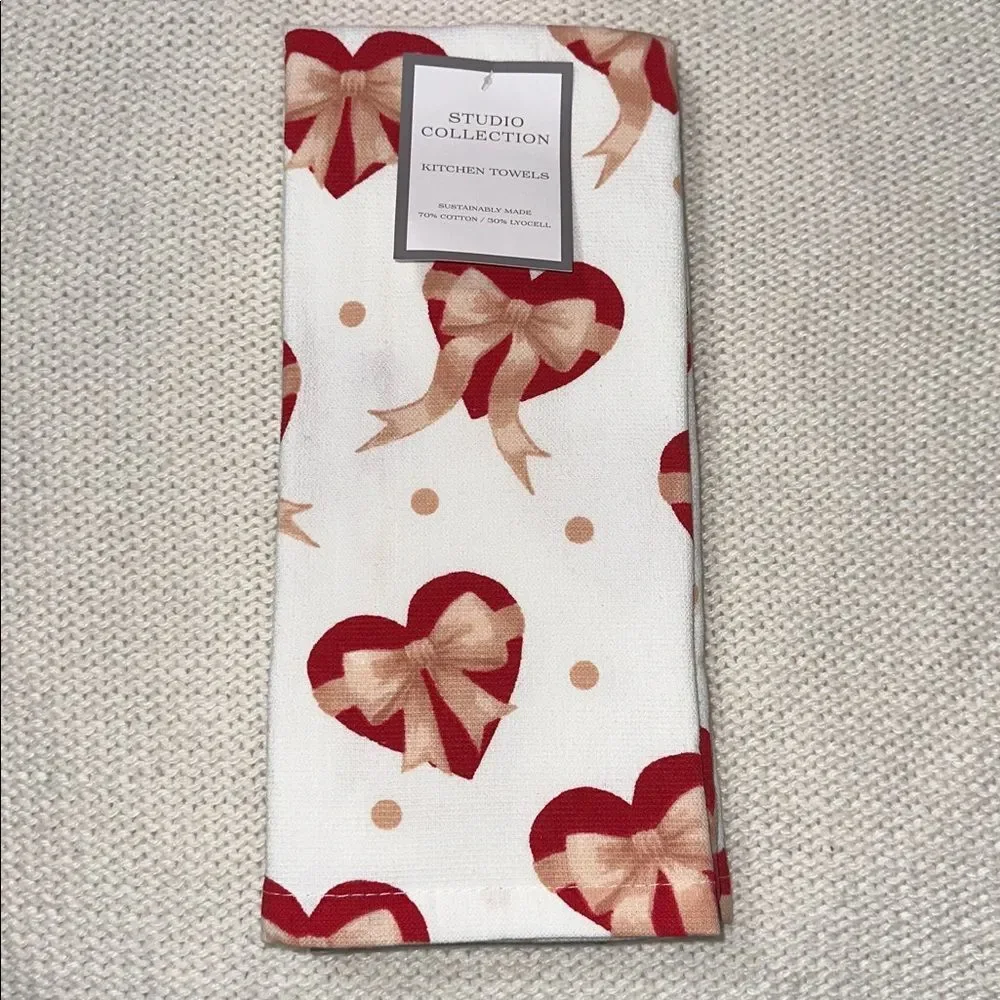 SC Valentine’s Day White Red Beige Heart & Bows Cotton Blend Tea Kitchen Towels
